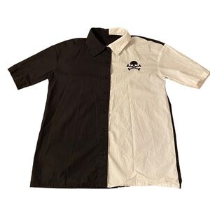 Shein Black and White Bowling Button Down Short Sleeve Shirt with Skull on Front